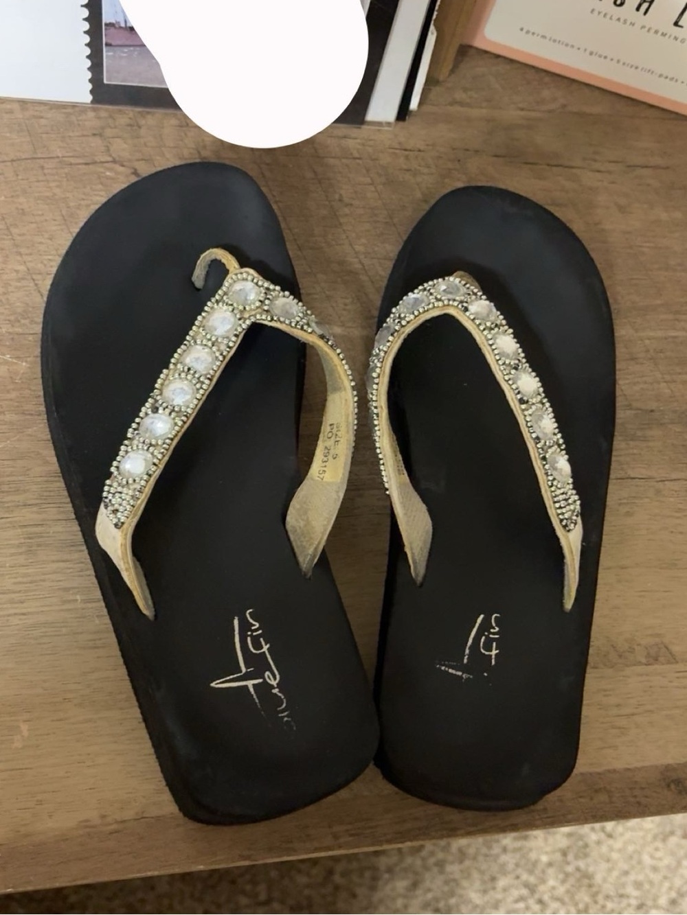 Women’s Black Flip Flops with Gold Jeweled Straps